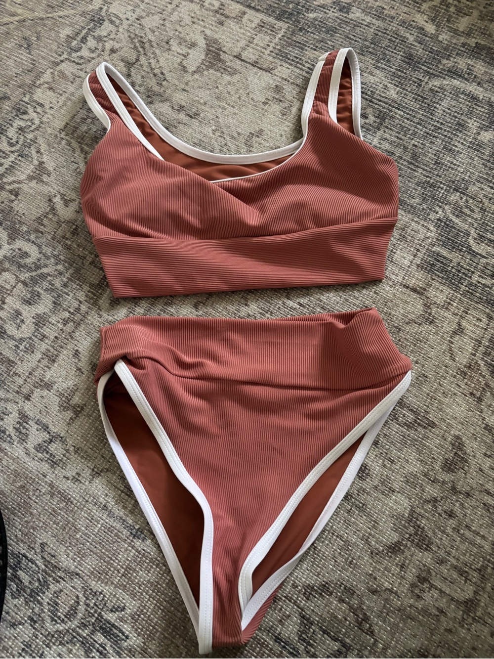LainSnow Rust Pink Ribbed High-Waist Bikini with White Trim
